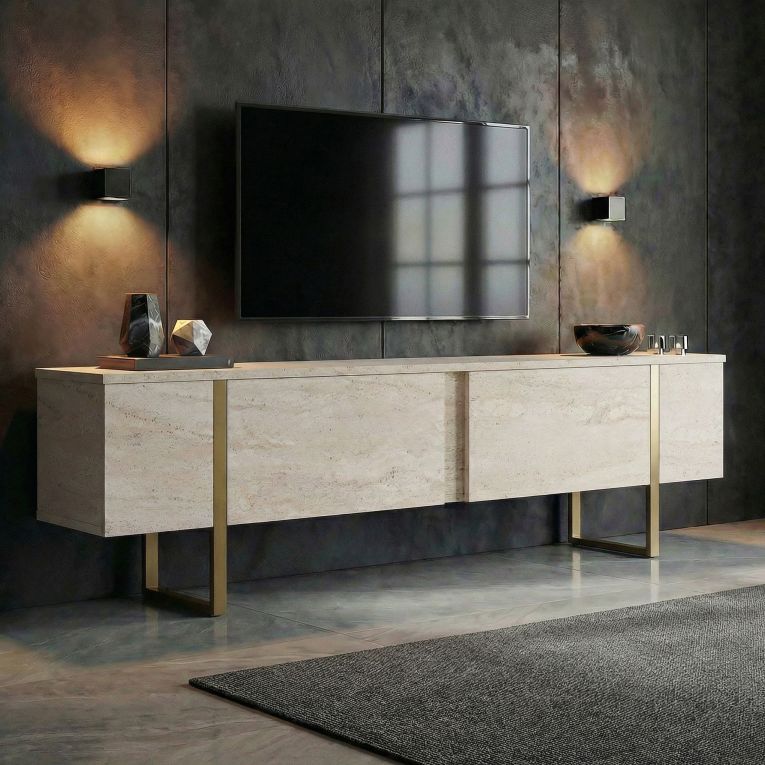 Mobile Porta tv Bianco Marmo oro 2 Ante 2 Vani 180x30x50h cm, Apertura a Ribalta - Abishia