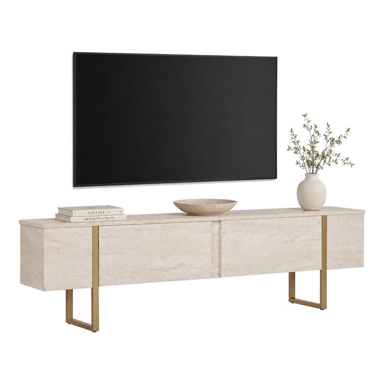 Mobile Porta tv Bianco Marmo oro 2 Ante 2 Vani 180x30x50h cm, Apertura a Ribalta - Abishia