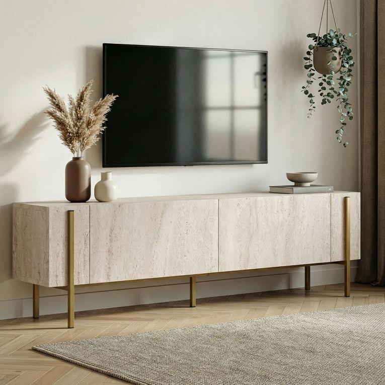 Mobile Porta tv Bianco Marmo oro 2 Ante 4 Vani 180x30x45h cm, Apertura a Ribalta - Noga