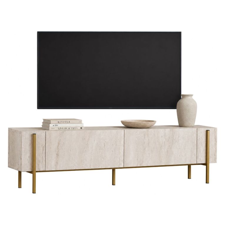 Mobile Porta tv Bianco Marmo oro 2 Ante 4 Vani 180x30x45h cm, Apertura a Ribalta - Noga