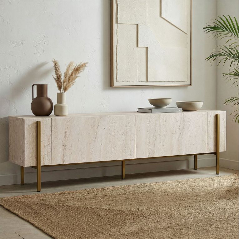 Mobile Porta tv Bianco Marmo oro 2 Ante 4 Vani 180x30x45h cm, Apertura a Ribalta - Noga