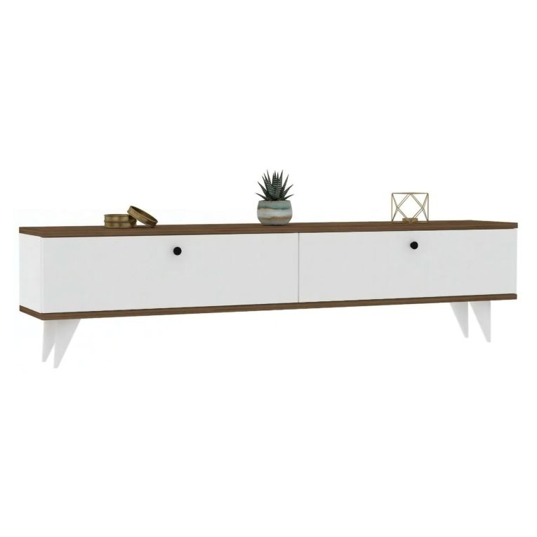 Mobile Porta tv Bianco Marrone Noce 2 Ante 2 Vani 160x25x35h cm, Apertura a Ribalta - Olmedo