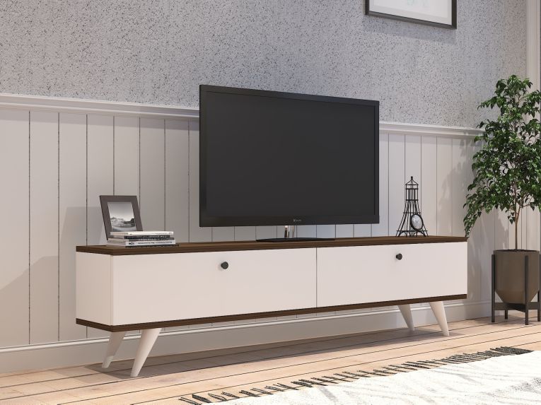 Mobile Porta tv Bianco Marrone Noce 2 Ante 2 Vani 160x25x35h cm, Apertura a Ribalta - Olmedo