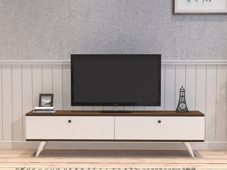 Mobile Porta tv Bianco Marrone Noce 2 Ante 2 Vani 160x25x35h cm, Apertura a Ribalta - Olmedo