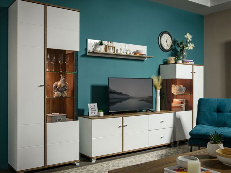 Mobile Porta tv Bianco Marrone Noce 2 Cassetti un Ripiano 162x40x59.5h cm, 2 Ante - Isera