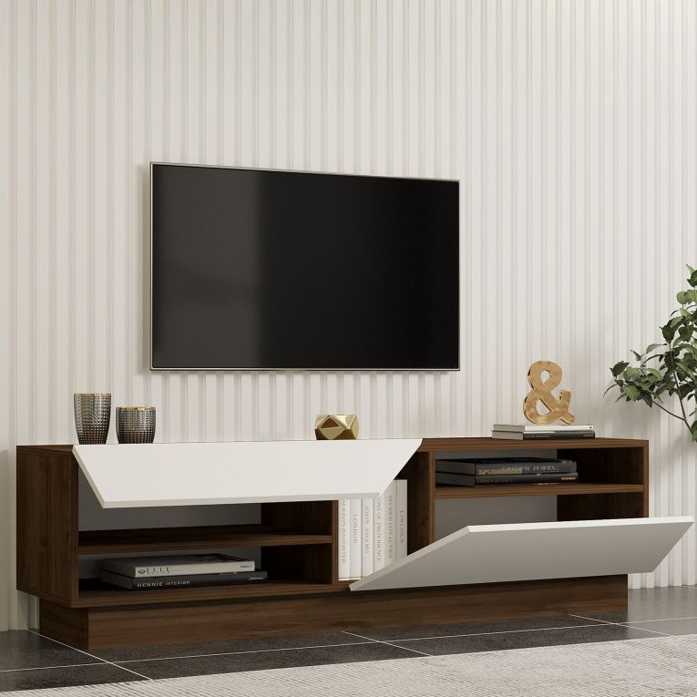 Mobile Porta tv Bianco Marrone Noce 2 Ripiani 5 Vani 160x40x45h cm, 2 Ante - Spilinga