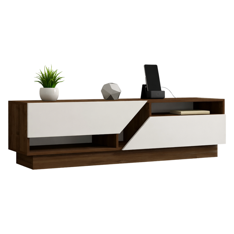 Mobile Porta tv Bianco Marrone Noce 2 Ripiani 5 Vani 160x40x45h cm, 2 Ante - Spilinga