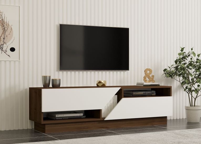 Mobile Porta tv Bianco Marrone Noce 2 Ripiani 5 Vani 160x40x45h cm, 2 Ante - Spilinga
