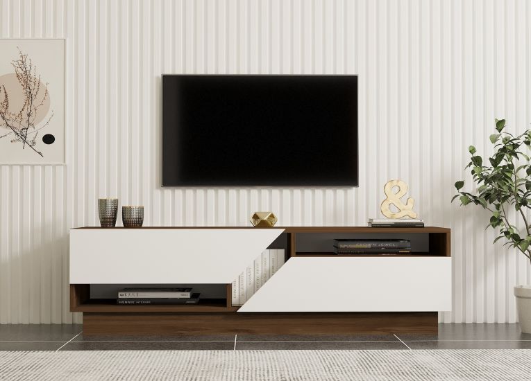 Mobile Porta tv Bianco Marrone Noce 2 Ripiani 5 Vani 160x40x45h cm, 2 Ante - Spilinga