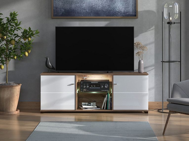 Mobile Porta tv Bianco Marrone Noce 4 Ripiani 2 Ante 157x40x59.5h cm, Ripiano in Vetro - Cedegolo