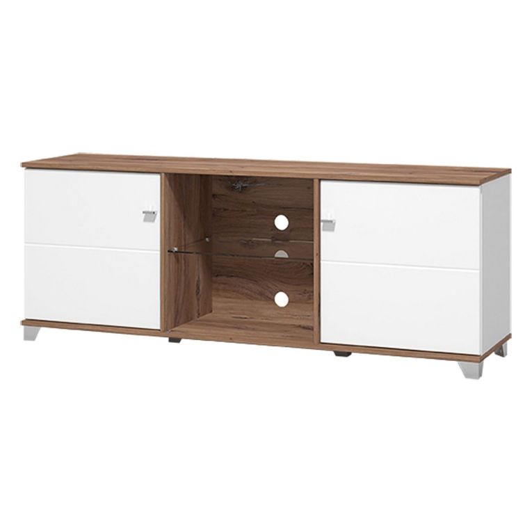 Mobile Porta tv Bianco Marrone Noce 4 Ripiani 2 Ante 157x40x59.5h cm, Ripiano in Vetro - Cedegolo