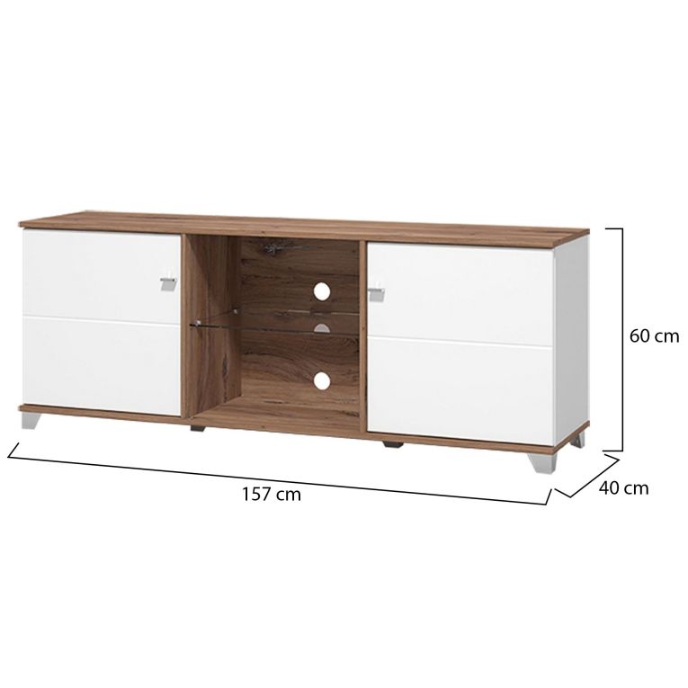 Mobile Porta tv Bianco Marrone Noce 4 Ripiani 2 Ante 157x40x59.5h cm, Ripiano in Vetro - Cedegolo