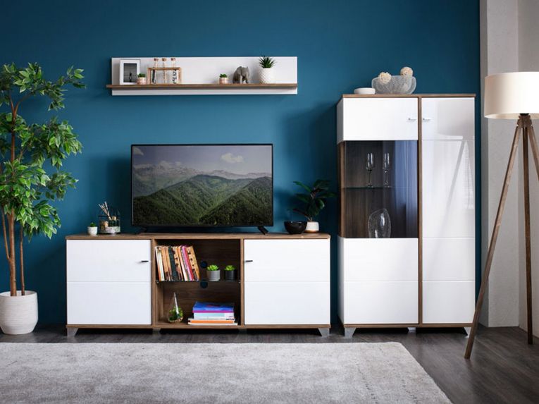 Mobile Porta tv Bianco Marrone Noce 4 Ripiani 2 Ante 157x40x59.5h cm, Ripiano in Vetro - Cedegolo