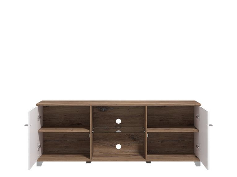 Mobile Porta tv Bianco Marrone Noce 4 Ripiani 2 Ante 157x40x59.5h cm, Ripiano in Vetro - Cedegolo