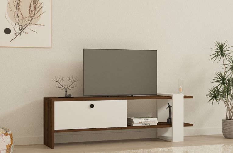 Mobile Porta tv Bianco Marrone Noce Un'anta 2 Vani 120x25x37h cm, Apertura a Ribalta - Taurasi