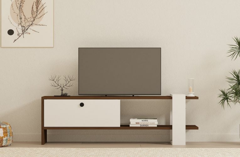 Mobile Porta tv Bianco Marrone Noce Un'anta 2 Vani 120x25x37h cm, Apertura a Ribalta - Taurasi