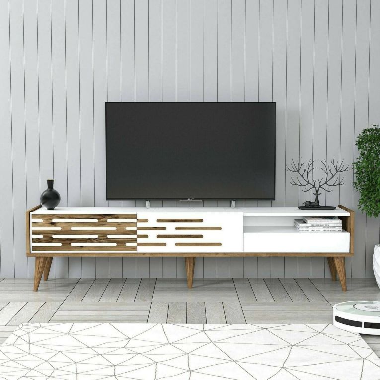 Mobile Porta tv Bianco Marrone Noce un Ripiano 3 Ante 180x45x35h cm, 2 Vani - Upana
