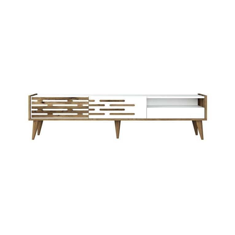 Mobile Porta tv Bianco Marrone Noce un Ripiano 3 Ante 180x45x35h cm, 2 Vani - Upana