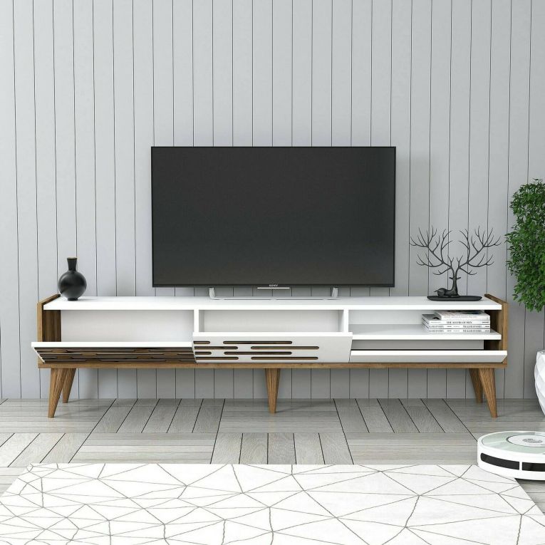 Mobile Porta tv Bianco Marrone Noce un Ripiano 3 Ante 180x45x35h cm, 2 Vani - Upana