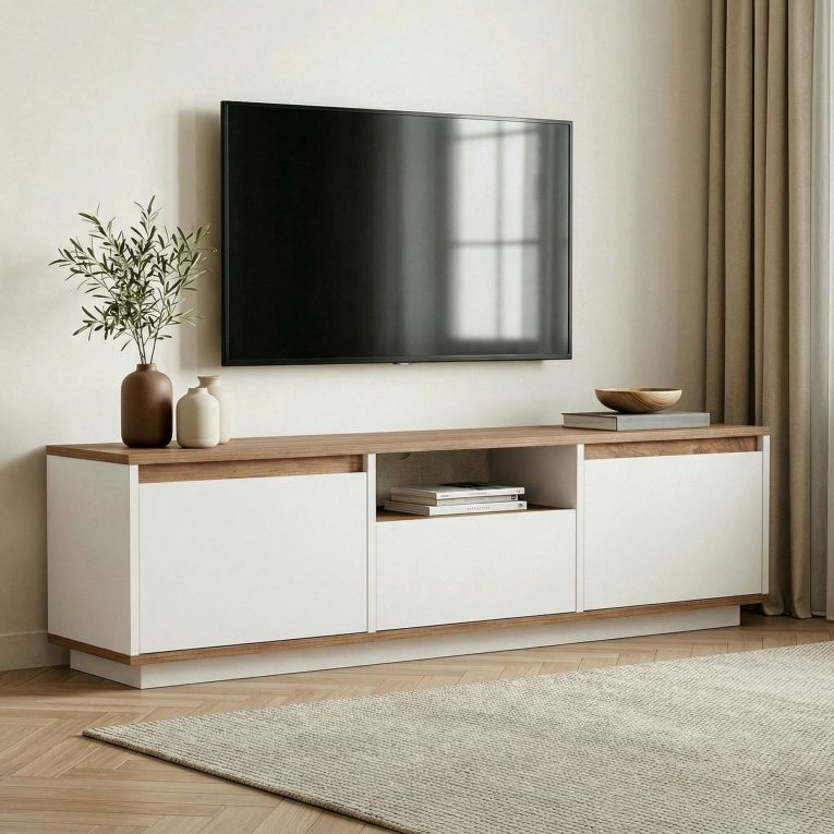 Mobile Porta tv Bianco Marrone Noce un Ripiano 4 Vani 160x30x42h cm, 3 Ante - Morrigan