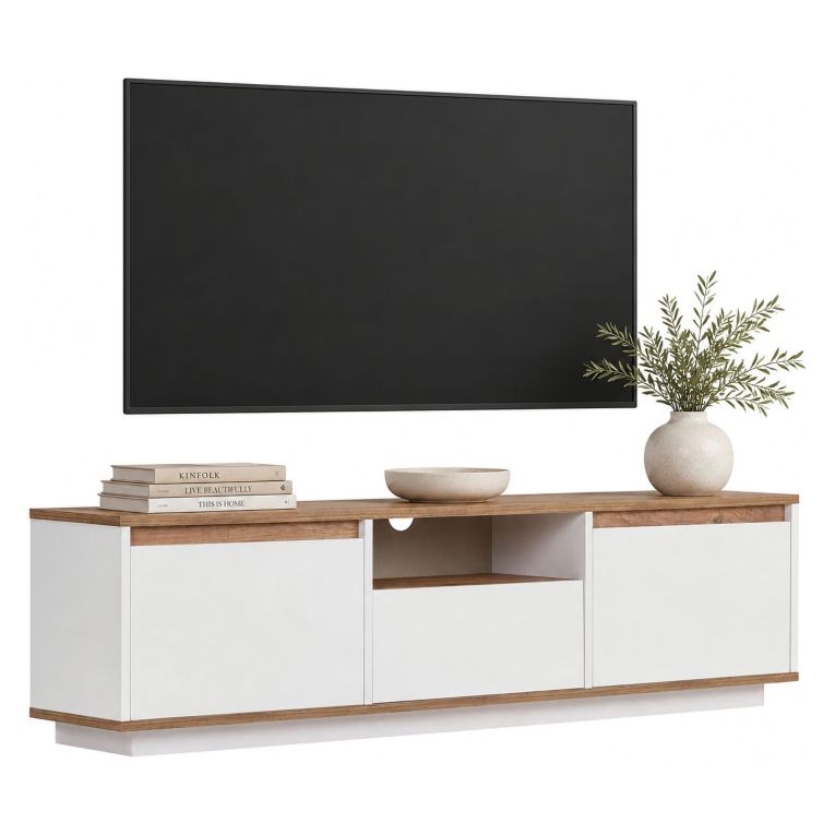 Mobile Porta tv Bianco Marrone Noce un Ripiano 4 Vani 160x30x42h cm, 3 Ante - Morrigan
