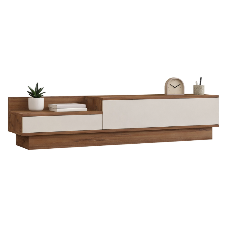Mobile Porta tv Bianco Marrone Rovere 2 Ante 2 Vani 160x35x35h cm, Apertura a Ribalta - Persico