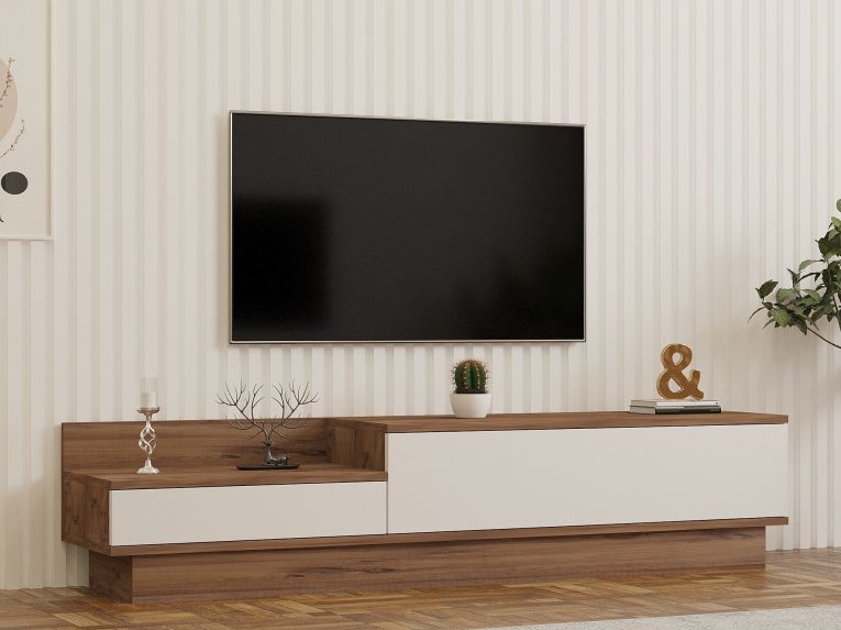 Mobile Porta tv Bianco Marrone Rovere 2 Ante 2 Vani 160x35x35h cm, Apertura a Ribalta - Persico