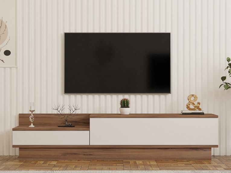 Mobile Porta tv Bianco Marrone Rovere 2 Ante 2 Vani 160x35x35h cm, Apertura a Ribalta - Persico