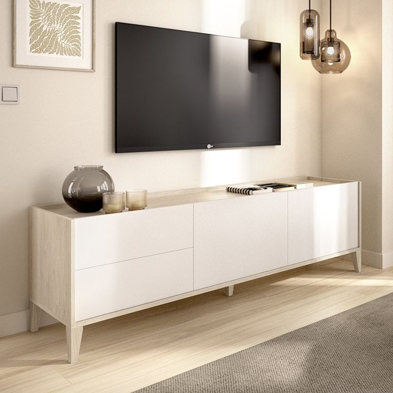 Mobile Porta tv Bianco Marrone Rovere 2 Cassetti un Ripiano 39x129x50h cm, 2 Ante - Waynes