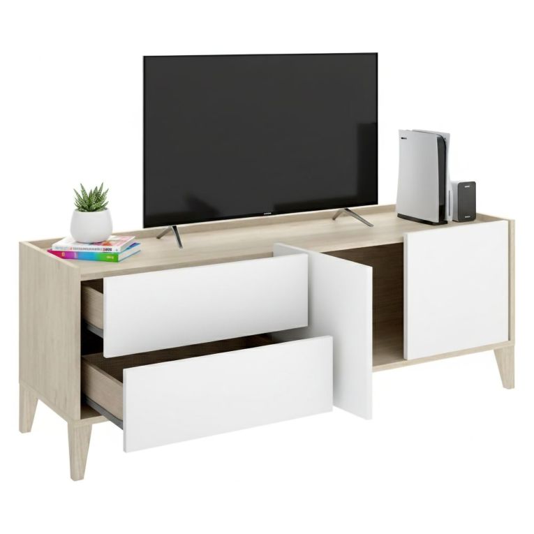 Mobile Porta tv Bianco Marrone Rovere 2 Cassetti un Ripiano 39x129x50h cm, 2 Ante - Waynes