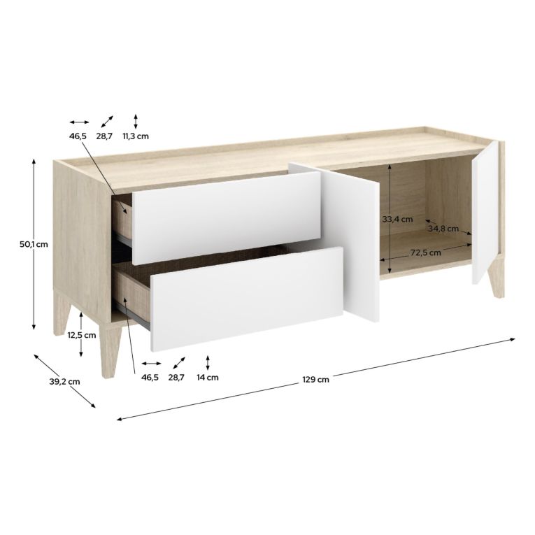 Mobile Porta tv Bianco Marrone Rovere 2 Cassetti un Ripiano 39x129x50h cm, 2 Ante - Waynes