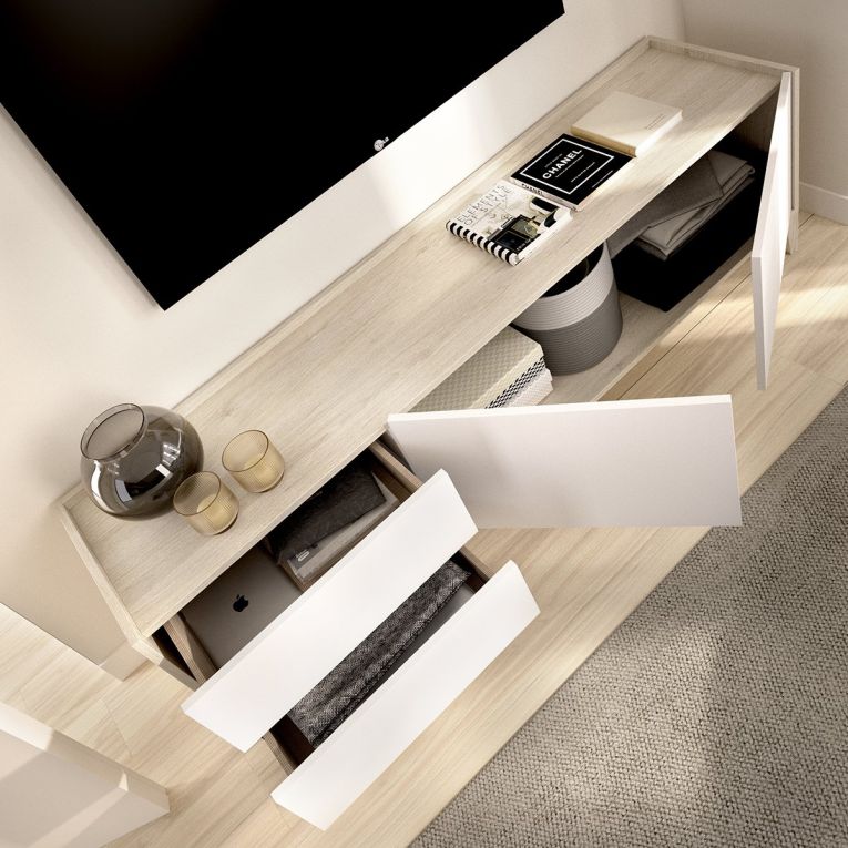 Mobile Porta tv Bianco Marrone Rovere 2 Cassetti un Ripiano 39x129x50h cm, 2 Ante - Waynes
