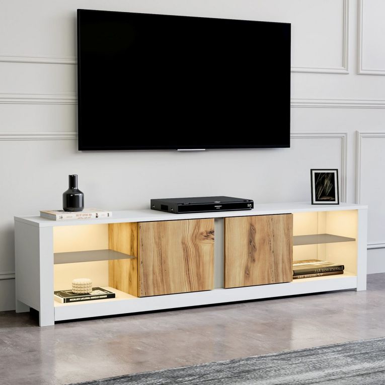 Mobile Porta tv Bianco Marrone Rovere 2 Ripiani 6 Vani 180x35x45h cm, 2 Ante - Vogogna