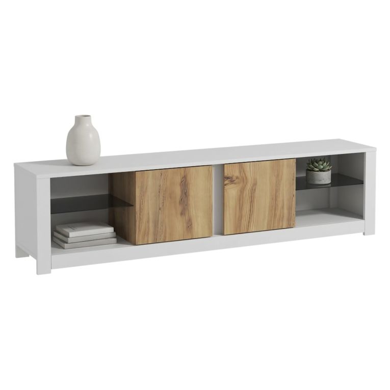 Mobile Porta tv Bianco Marrone Rovere 2 Ripiani 6 Vani 180x35x45h cm, 2 Ante - Vogogna