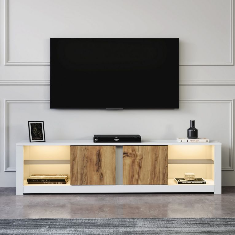 Mobile Porta tv Bianco Marrone Rovere 2 Ripiani 6 Vani 180x35x45h cm, 2 Ante - Vogogna