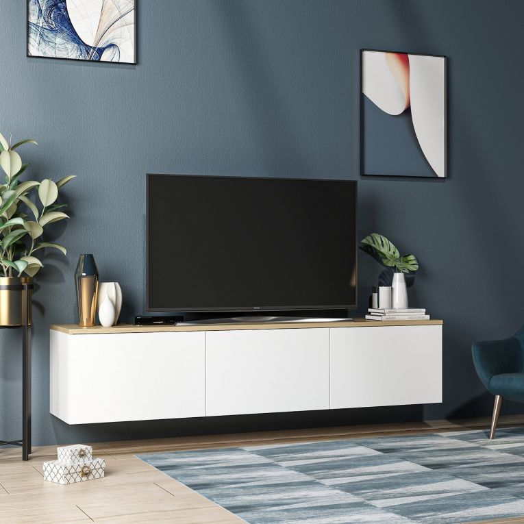 Mobile Porta tv Bianco Marrone Rovere 3 Ante 3 Vani 160x32x35h cm, Apertura a Ribalta - Pianiga