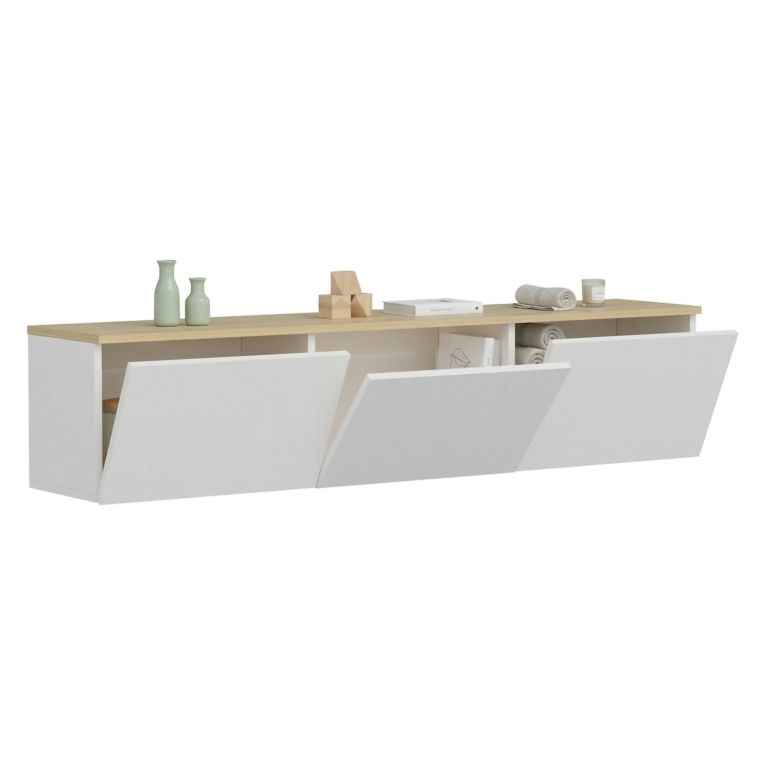 Mobile Porta tv Bianco Marrone Rovere 3 Ante 3 Vani 160x32x35h cm, Apertura a Ribalta - Pianiga