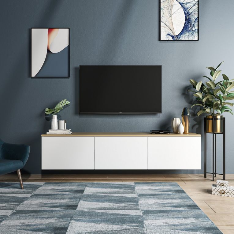 Mobile Porta tv Bianco Marrone Rovere 3 Ante 3 Vani 160x32x35h cm, Apertura a Ribalta - Pianiga