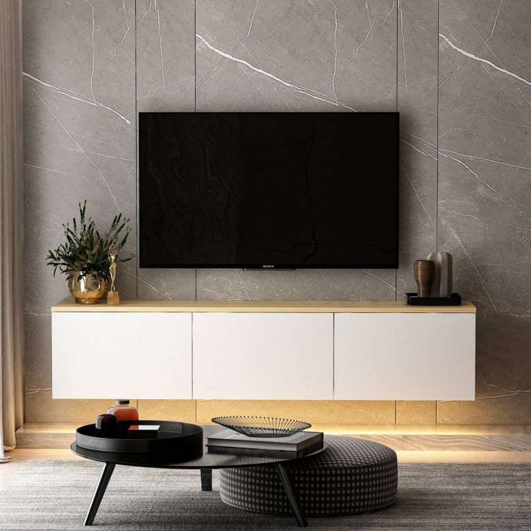 Mobile Porta tv Bianco Marrone Rovere 3 Ante Luci led Incluse 160x32x35h cm, 3 Vani - Marazzi
