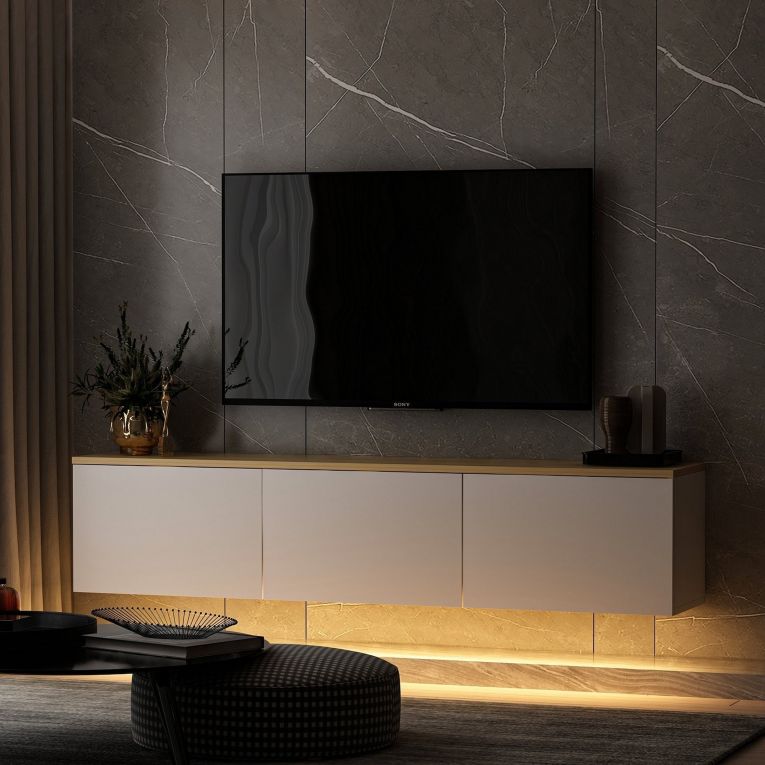 Mobile Porta tv Bianco Marrone Rovere 3 Ante Luci led Incluse 160x32x35h cm, 3 Vani - Marazzi