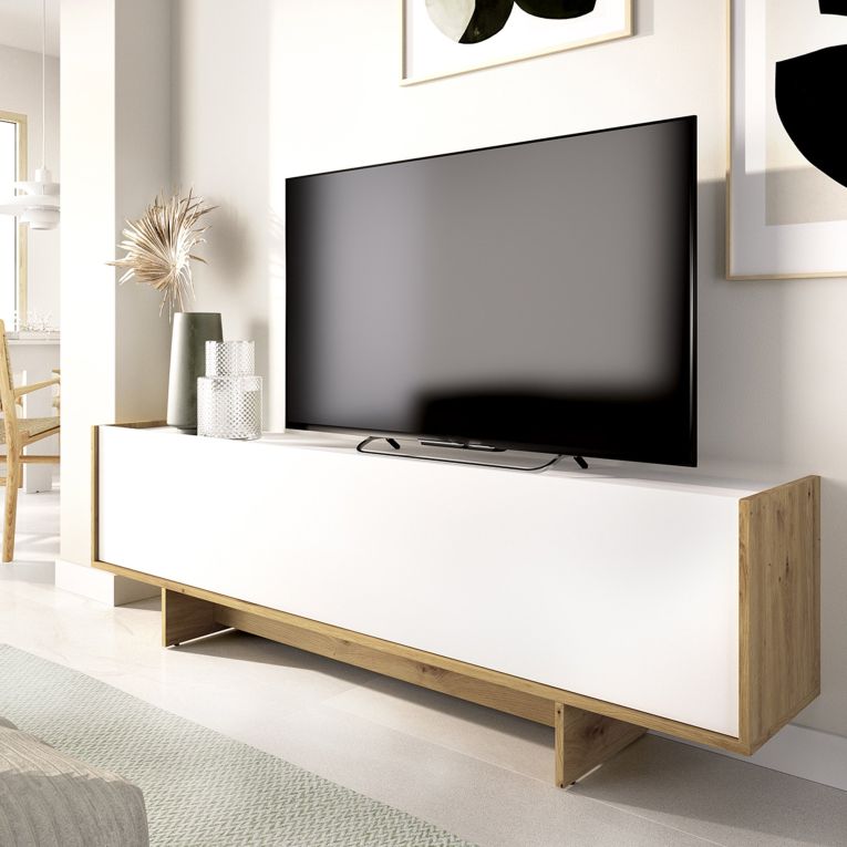 Mobile Porta tv Bianco Marrone Rovere 3 Ripiani Un'anta 30x150x50h cm, con Piedini - Ardmore