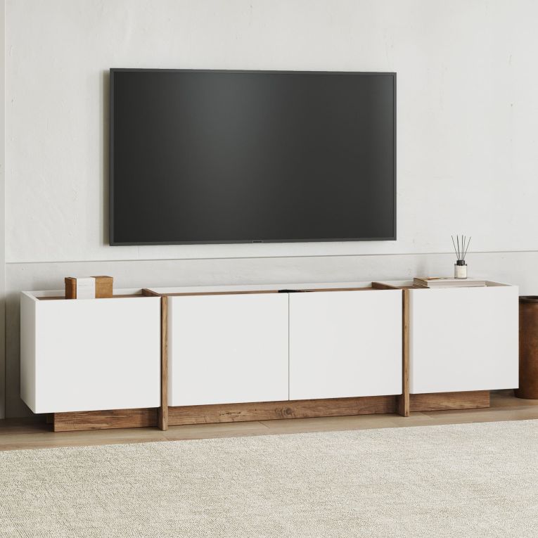 Mobile Porta tv Bianco Marrone Rovere 4 Ante 4 Vani 180x35x46h cm, Apertura a Ribalta - Nokadaka
