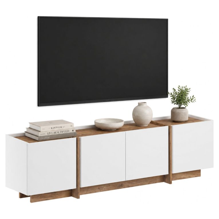 Mobile Porta tv Bianco Marrone Rovere 4 Ante 4 Vani 180x35x46h cm, Apertura a Ribalta - Nokadaka