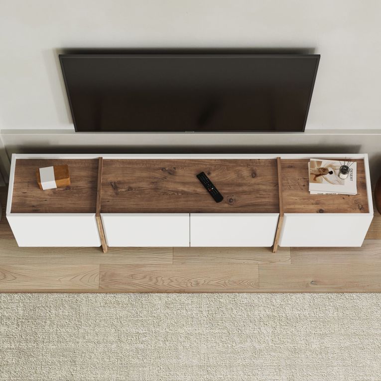 Mobile Porta tv Bianco Marrone Rovere 4 Ante 4 Vani 180x35x46h cm, Apertura a Ribalta - Nokadaka