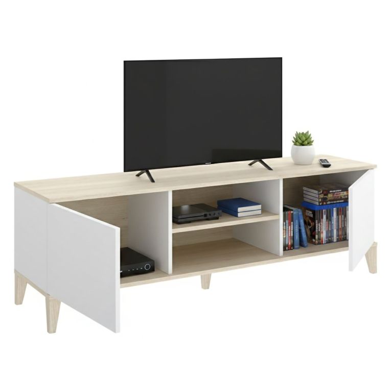 Mobile Porta tv Bianco Marrone Rovere 5 Ripiani 2 Ante 40x150x48h cm, con Piedini - Altus