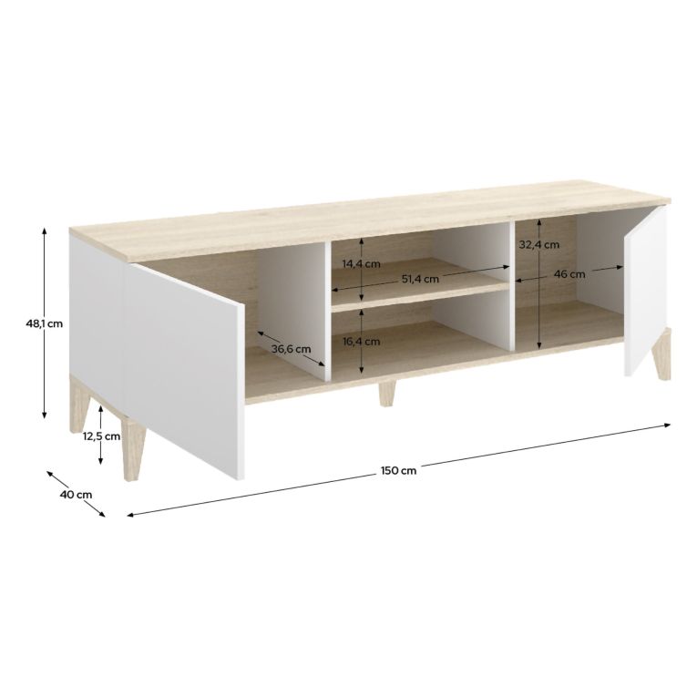 Mobile Porta tv Bianco Marrone Rovere 5 Ripiani 2 Ante 40x150x48h cm, con Piedini - Altus