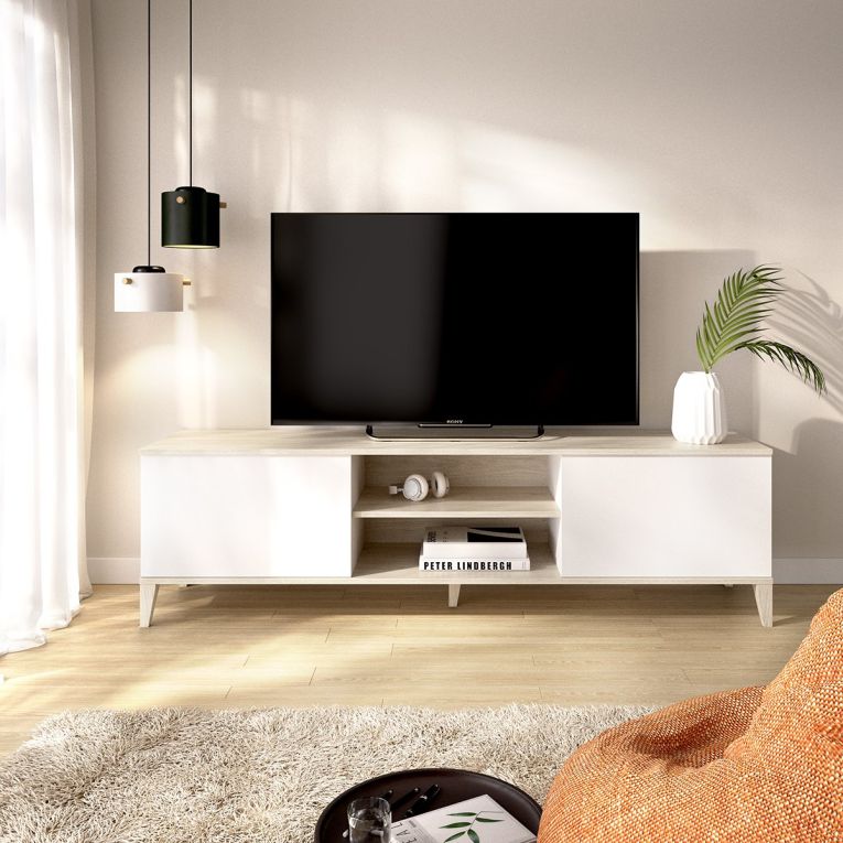 Mobile Porta tv Bianco Marrone Rovere 5 Ripiani 2 Ante 40x150x48h cm, con Piedini - Altus