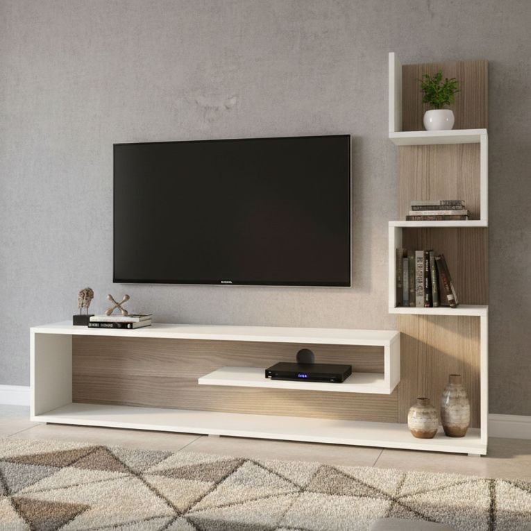 Mobile Porta tv Bianco Marrone Rovere 5 Ripiani Cassetti 29.5x22x120.8h cm, 4 Vani - Armeno