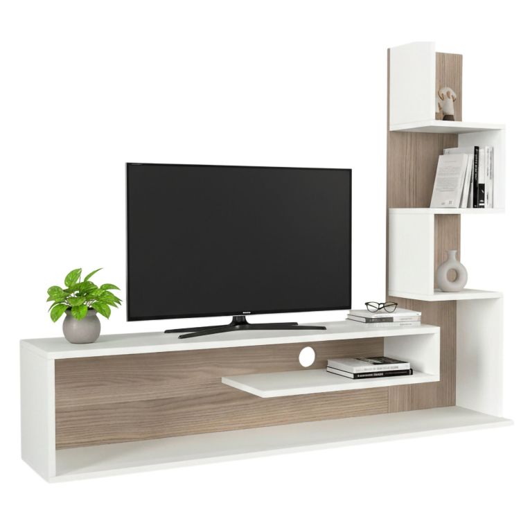 Mobile Porta tv Bianco Marrone Rovere 5 Ripiani Cassetti 29.5x22x120.8h cm, 4 Vani - Armeno