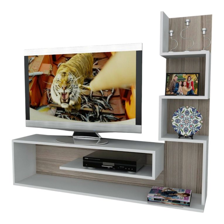 Mobile Porta tv Bianco Marrone Rovere 5 Ripiani Cassetti 29.5x22x120.8h cm, 4 Vani - Armeno